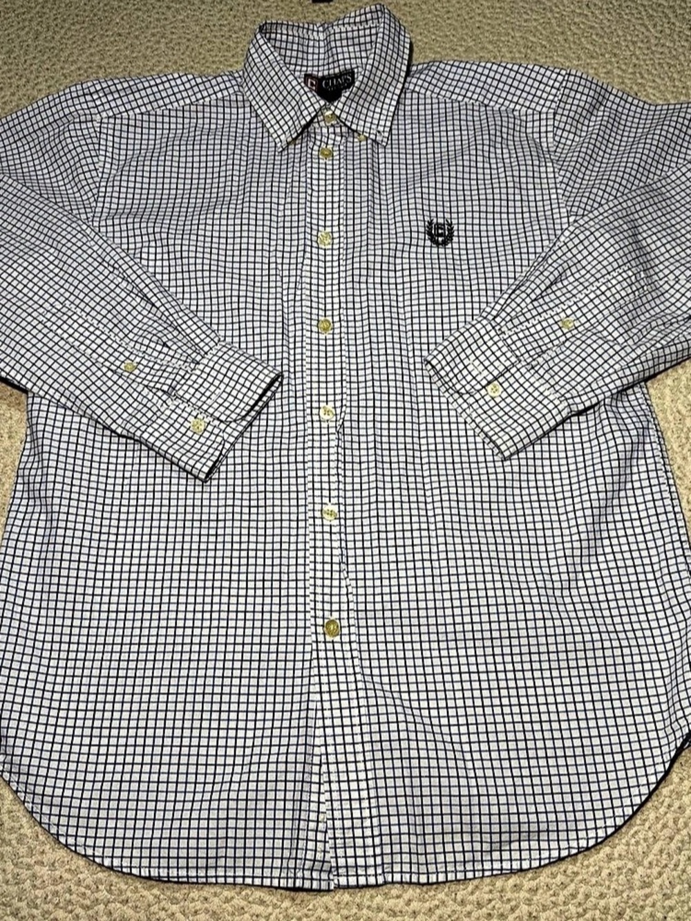 Chaps Boys Large Checkered Button Down White & Blue